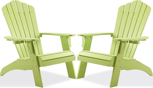 Psilvam Adirondack Chair, Oversized Poly Lumber Fire Pit Chair with Cup Holder, 350Lbs Support Patio Chairs for Garden, Weather Resistant Adirondack Chair Looks Like Real Wood (2, Green)