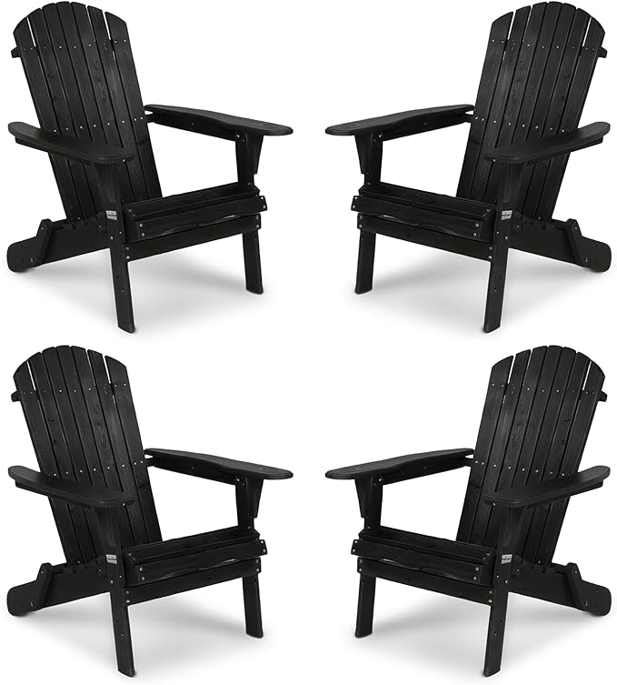 VINGLI Folding Adirondack Chairs Set of 4, Wood Adirondack Chair for Outdoor, Foldable Fire Pit Chairs for Patio, BBQ, Porch, Yard, Pool, Black