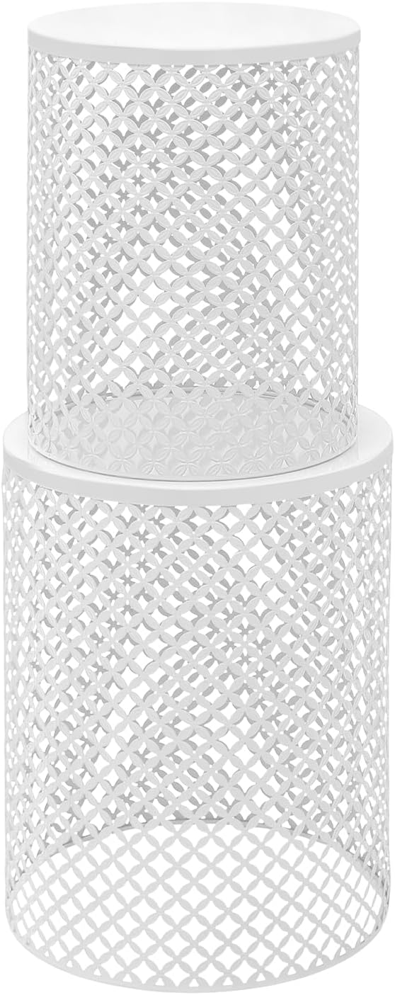2PCS Outdoor Side Table, Heavy Duty Metal Frame Side Table Decorative Garden Stool Modern End Table Round Coffee Table for Patio Gardens Balconies Cafes (White)