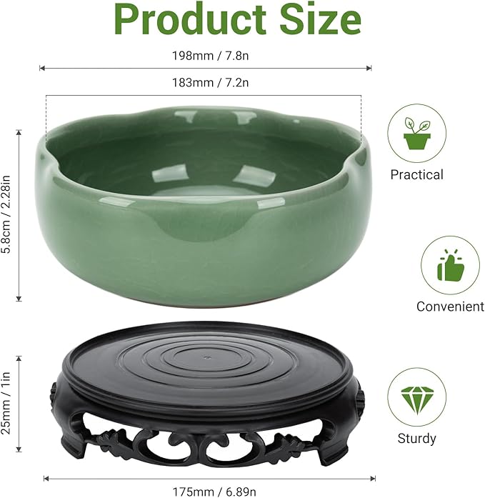 Green Ceramic Planters with Plastic Tray: 7.5" Hole-Free Lotus Bowl Planter for Hydroponic Water Lilies | Indoor/Outdoor Artistry Ice Crack Glaze Decorative Planter