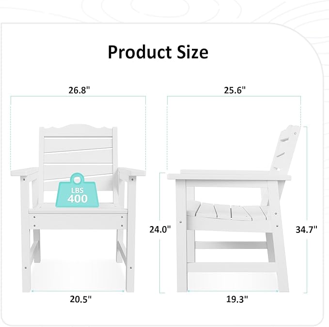 Weatherproof Patio Chair, Poly Lumber Outdoor Patio Chairs with Ergonomic Curved Seat, 400lbs Capacity Outdoor Dining Chairs for Garden, Porch, Lawn & Backyard, White