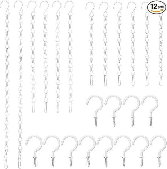 Hotop 12 Set Ceiling Hooks with Hanging Chains for Bird Feeders, Planters, Lanterns, Billboards, Birdbaths, Grow Lights, Chalkboards, Wind Chime and Other Ornaments, Chain Hook DIY (White)