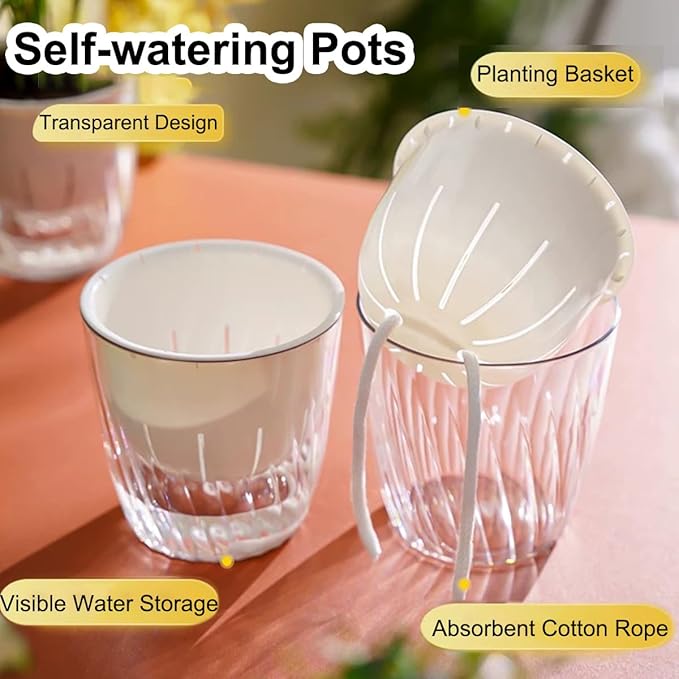 2 Pack 6 Inch Self Watering Pots for Indoor Plants, Self Watering Planter with Reservoir and Wick Rope, Clear Flower Plant Pots for African Violets,Succulents,Herbs,Cactus,Orchids