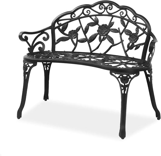 VINGLI 38.5" Patio Park Garden Outdoor Metal Rose Bench, 2-Person Cast Iron Cast Aluminium Frame Antique Finish Chair,Accented Lawn Front Porch Path Yard Decor Deck Furniture (Black, Rose)