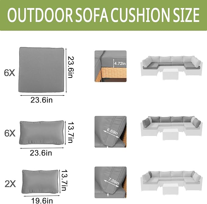 14Piece Outdoor Sofa Cushion Replacement, Patio Furniture Waterproof Cushion with Zippers, fit 6-Seat Outdoor Wicker Rattan Sectional Couch (Light Gray, 23.6"x23.6"x3.9")