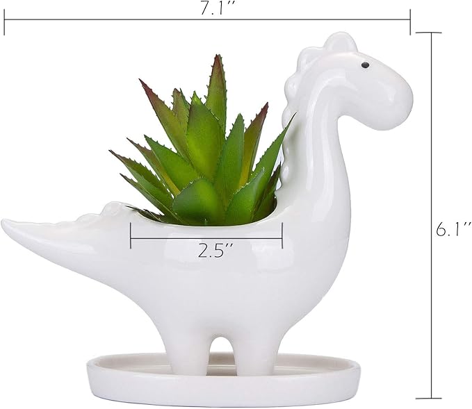 VanEnjoy Desktop Cute Cartoon Herbivorous Dinosaur White Ceramic Succulent Pot with Tray, Bonsai Cactus Flower Pot Vase Holder Decorative Organizer