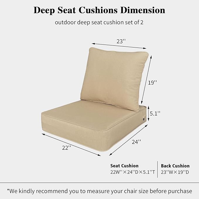 Outdoor 22"x24" Deep Seat Patio Cushion Set of 2, Outdoor Chair Cushions with Water-Resistant UV Resistant Weather Resistant Sectional Sofa Pad and Removable Covers,Beige