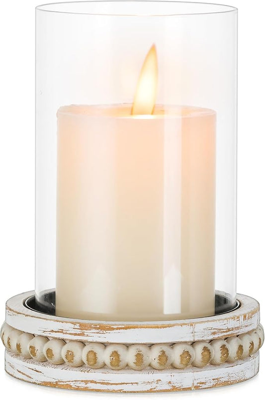 Glasseam Glass Hurricane Candle Holder, Decorative Candle Holders for Pillar Candles, Boho Candle Holders for Table Centerpiece, Glass Cylinder With Wood Beaded Candle Plate for Dining Room Decoration