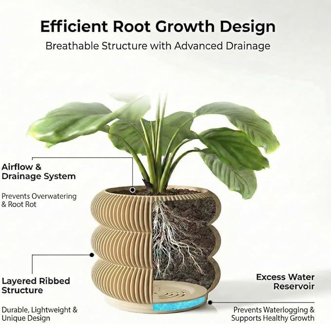 Modern 3D Printed Planter Pot, Minimalist Ripple Design, Lightweight PLA Material, Round Shape with Drainage and Saucer, for Succulents and Indoor Plants (Wood, 4.7")