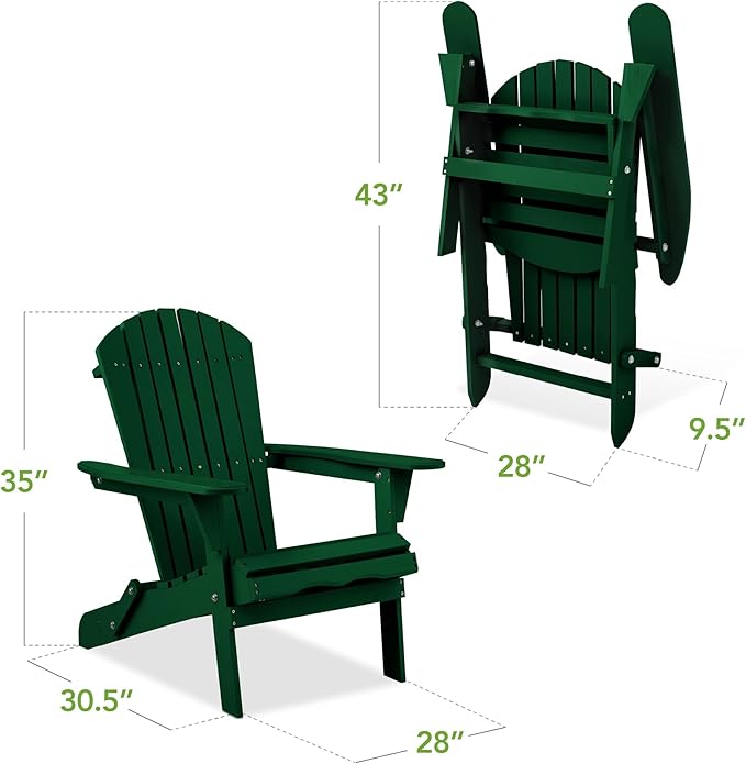 Best Choice Products Folding Adirondack Chair Outdoor Wooden Accent Furniture Fire Pit Lounge Chairs for Yard, Garden, Patio w/ 350lb Weight Capacity - Deep Green