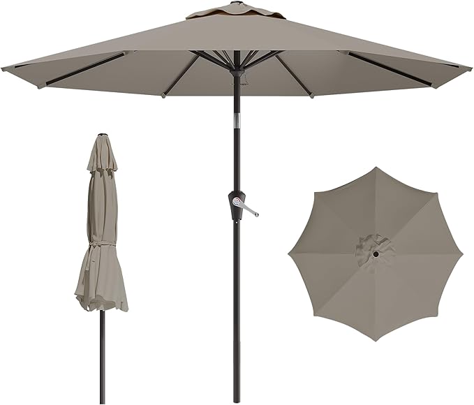 AreShark 9 FT Patio Umbrella for Outdoor, Outdoor Umbrella with Push Button Tilt and Crank, Outdoor Patio Umbrellas with 8 Sturdy Ribs for Market, Garden, Deck, Backyard, Pool (Light Gray)