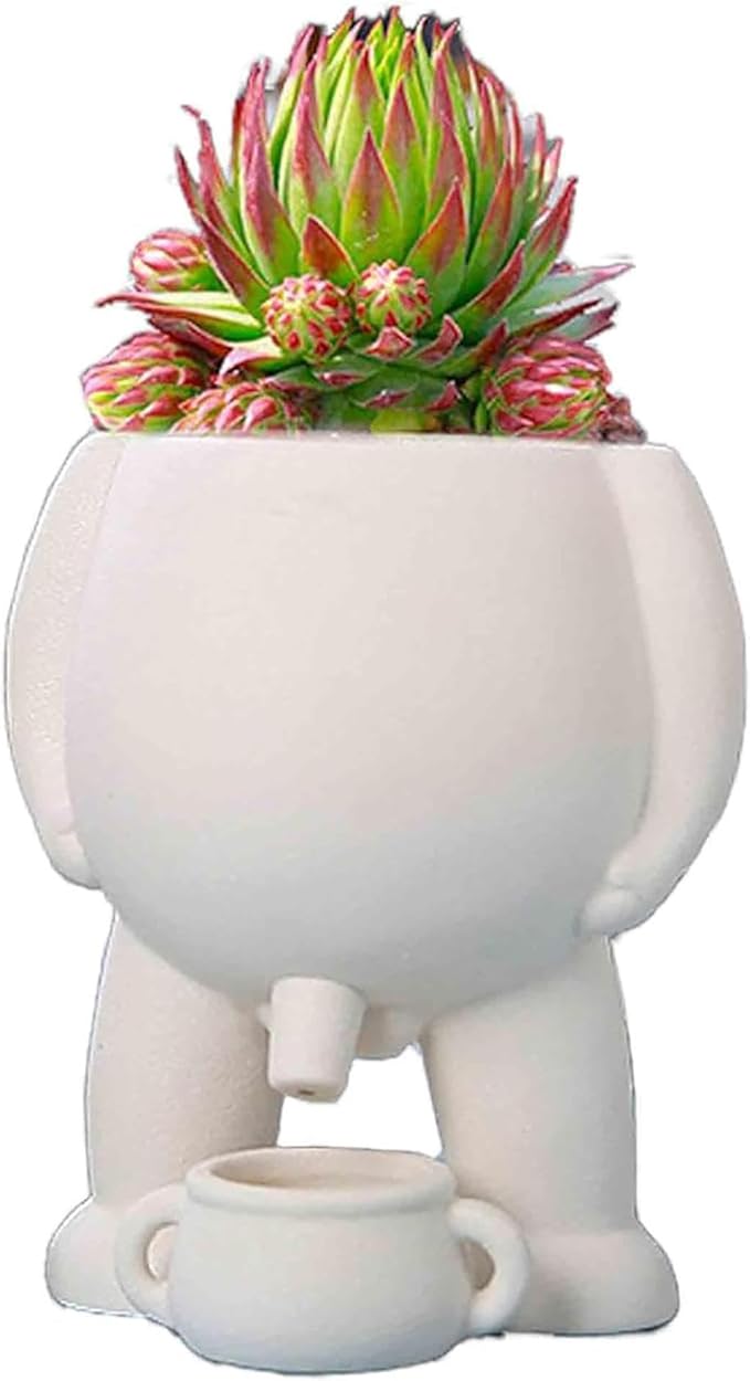 Ceramic Funny Peeing Plant Pot Novelty Plant Pots Peeing Pot Planter Tabletop Creative Piss Vase Small Flower Planters with Drainage Hole for Plants Flowers Home Office Garden Decor, White