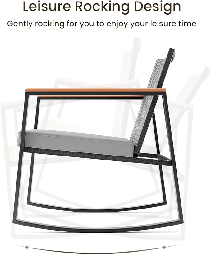 Bealife 3 Piece Patio Set with Cooling Wooden Armrests, Outdoor Rocking Chairs Set of 2 with Glass Table and Cushions, Wicker Patio Bistro Set for Garden, Yard, Balcony, Porch (Grey)