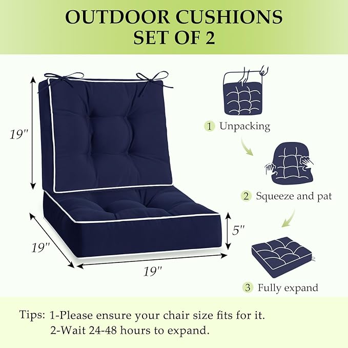 HARBOREST Outdoor Chair Cushions Set of 2, Tufted Patio Chair Cushions with Ties, Square Corner Outdoor Cushions for Patio Furniture, Lawn Chairs, Wicker Chairs, 19" x 19" x 5", Navy