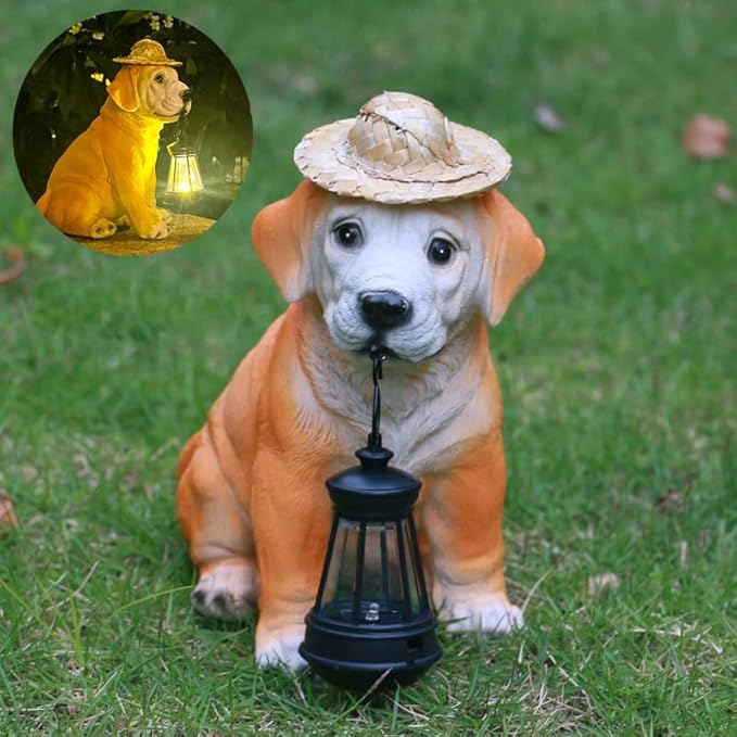 Garden Statue Dog Figurine Decor for Patio, Balcony Yard Decor Ornament, Outdoor Lights Housewarming Gifts for Women Men Mom Grandma