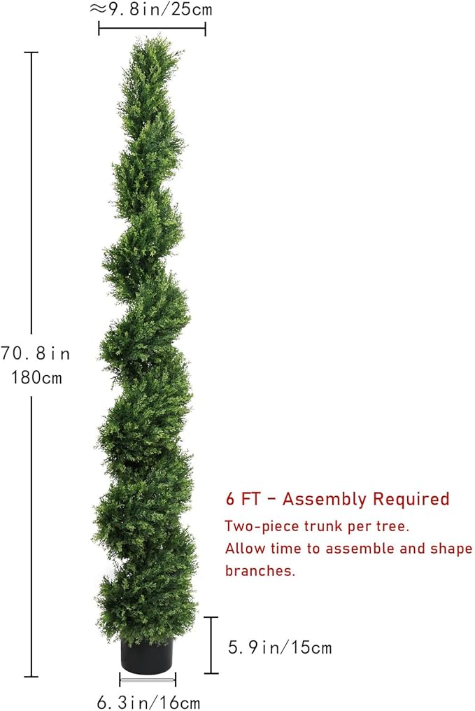 THE BLOOM TIMES 6ft Spiral Artificial Topiary Trees Set of 2, 71 inch Faux Cedar Trees for Outdoor Planters - Fake Twist Cypress Plants for Garden Front Porch Indoor Outside Decor 6 Foot