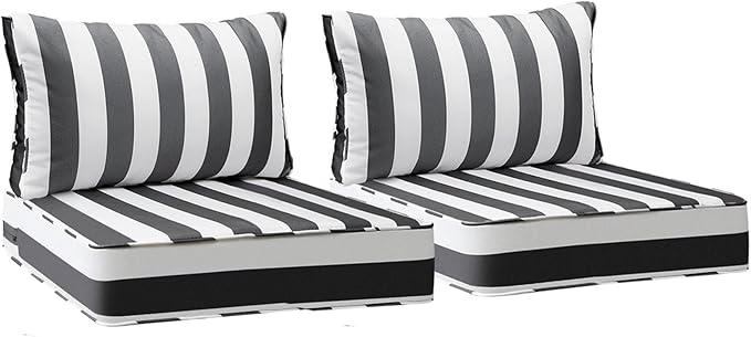 AAAAAcessories Outdoor Deep Seat Cushions, Waterproof, Fade-Resistant Patio Furniture Replacement Cushions, 23.5" x 25.5" x 5" + 23.5" x 13.5", Set of 2, Gray Cabana Stripe