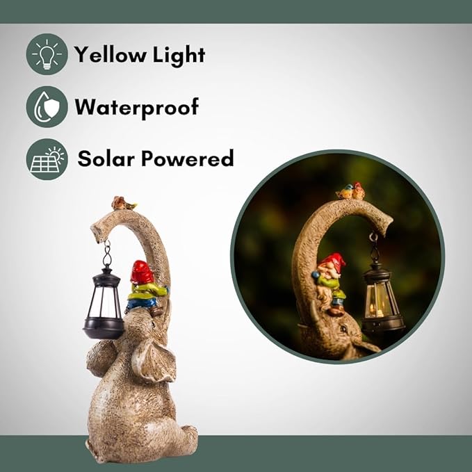 Banax Elephant Solar Garden Ornaments with Lanterns 11 in Elephant Garden Statues Outdoor Figurines with Solar Powered LED Lights for Garden Decor Durable Resin Outdoor Statues for Patio Yard