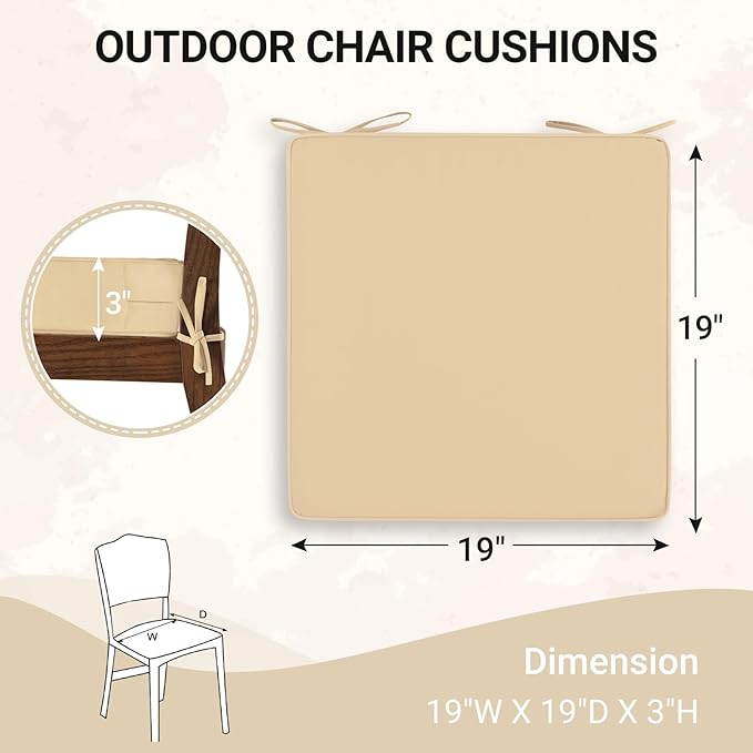 downluxe Waterproof Outdoor Chair Cushions Set of 2, 19" x 19" x 3" Patio Chair Cushion with Non-Slip Ties & Handle, Square Outdoor Cushion for Patio Furniture with Removable Cover, Beige