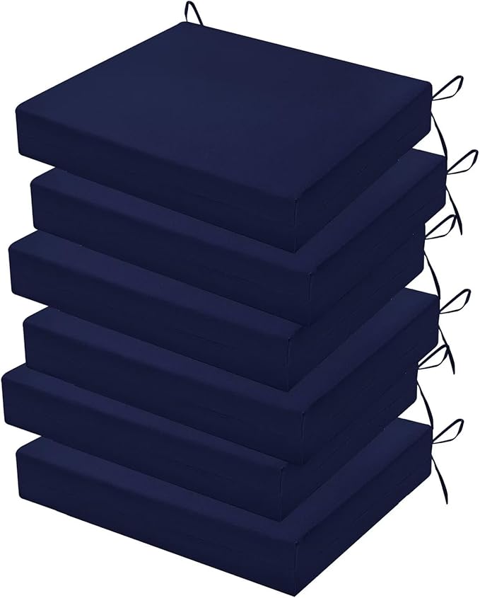Outdoor Chair Cushions Set of 6, 18.5 x 16 Inch Patio Chair Cushions for Outdoor Furniture, Water Resistant, Non-Slip Ties (Navy Blue)