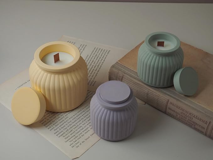Storage Box With Lids, Silicone Candle Jar Molds Set, Creative Vessels Pot Molds, Concrete Round Stripe With Cover Bottle Making Moulds for Holder (L-2Pcs)