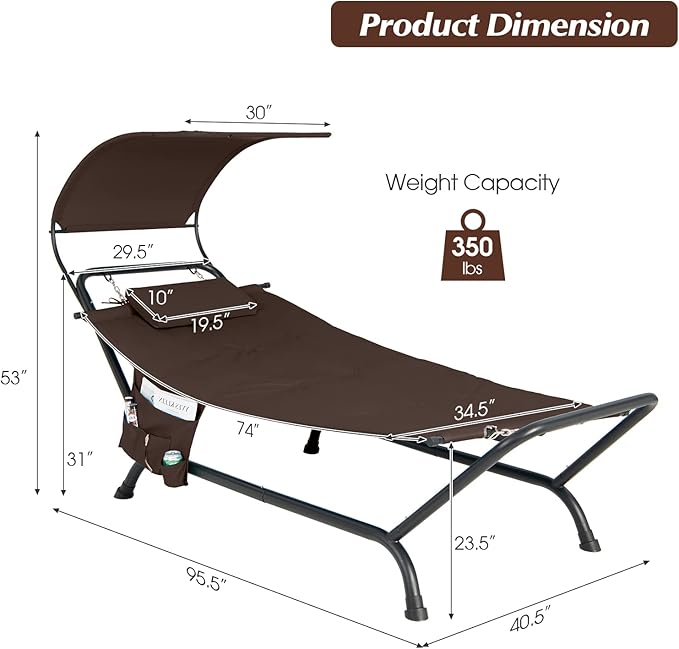 Giantex Hanging Hammock with Stand, Patio Hanging Chaise Lounge Chair w/Canopy, Cushion, Pillow & Storage Bag, Heavy Duty Swing Hammock Bed for Garden Lawn Backyard Patio Poolside Porch (Brown)