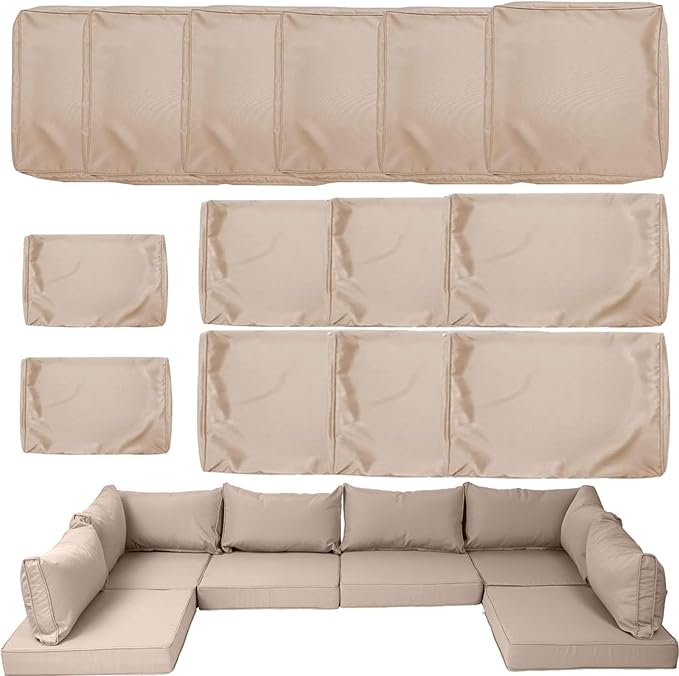 14 Piece Outdoor Patio Cushion Cover Replacement, Waterproof Patio Cushion Covers, Outdoor Furniture Cushion Covers Set for 6 Seat Wicker Rattan Sofa (Khaki)