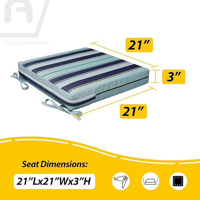 AAAAAcessories Outdoor Seat Cushions for Chairs, Waterproof, Fade-Resistant, 21" x 21" x 3", Patio Furniture Replacement Cushions, Set of 2, Stormy Teal Coastal Stripe