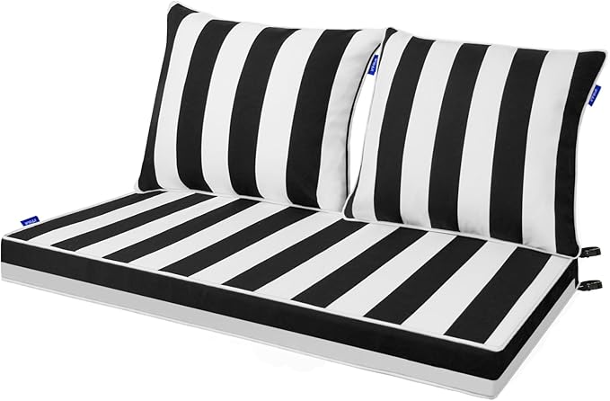 Outdoor Loveseat Cushion Set 44'' x 24'', Outdoor Cushions for Patio Furniture with Fastness Cover, Water Repellent Outdoor Seat Cushion and Couch Back Cushions for Bench, and Swing (Black Stripes)