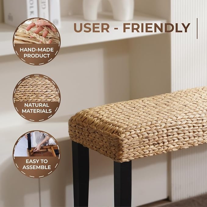 Solid Wood Acacia Indoor Bench with Natural Woven Seat, Wicker Bench Bed Boho, Wood Bench for Bedroom End of Bed or Benches Entryway for Living Room (Black Leg, Water Hyacinth)