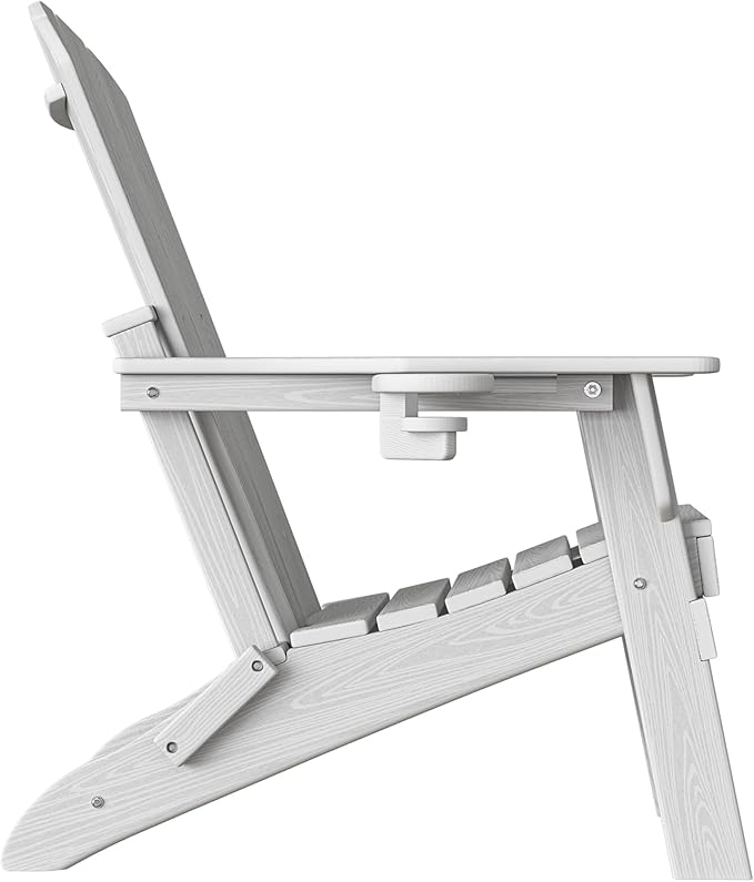 Plawdlik Folding Adirondack Chair, SGS Tested, Wooden Textured with Cup Holder, Heavy All-Weather HDPE Comfortable Set Poolside Backyard Lawn White Set 2