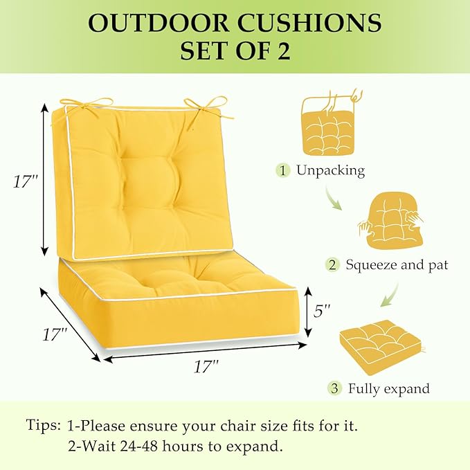 HARBOREST Outdoor Chair Cushions Set of 2, Tufted Patio Chair Cushions with Ties, Square Corner Outdoor Cushions for Patio Furniture, Lawn Chairs, Wicker Chairs, 17" x 17" x 5", Yellow