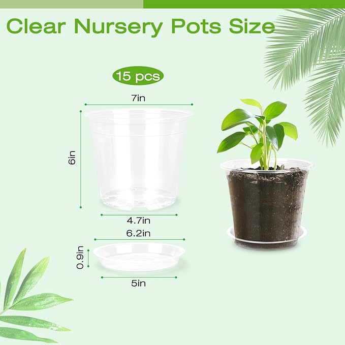 7 Inch Clear Nursery Pots with Drainage Trays, 15 Pack Plastic Pots for Plants, Clear Pot for Seed Starting, Transplanting, Succulents, and Indoor Gardening (7 inch)