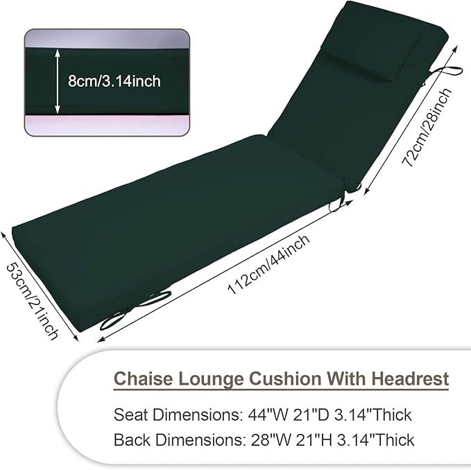 Chaise Lounge Cushions Outdoor Set of 2, 72x21x3 Lounge Chair Cushions for Outdoor Furniture, Patio Lounger Pads with Removable Cover for Pool, Deck, Lawn,Dark Green