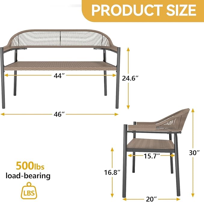 Outdoor Loveseat Bench,46.8 Inches Wicker Frame Patio Bench, All Weather Outdoor Bench with Rattan Backrest Armrests and Metal Legs for Lawn, Front Porch, Park, Yard
