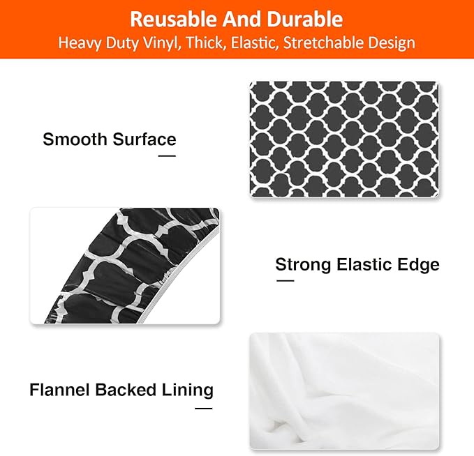KENOBEE 7ft Picnic Table and Bench Cover, Camping Essentials RV Gear, 84 in Waterproof Windproof Outdoor Elastic All Around Tablecloth, Fitted Rectangle Tables and Seats, Black-White Moroccan
