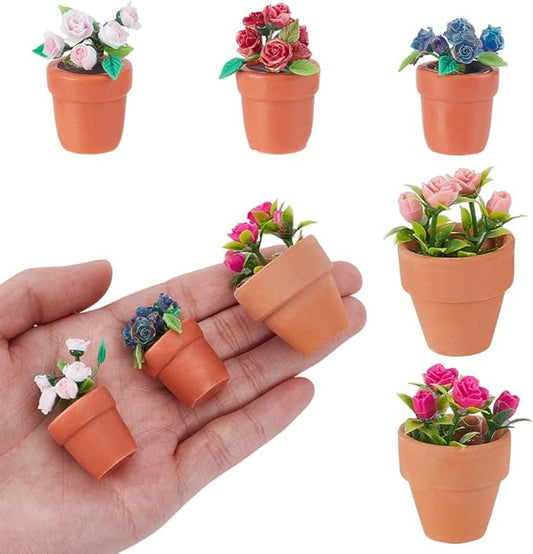 AHANDMAKER 5Pcs 5 Styles Miniature Plants Accessories 1:12 Mini Rose Pot, Garden Potted Model Micro Landscape Decoration for Mini House Tiny Fake Greenery Bonsai Ornament Crafts