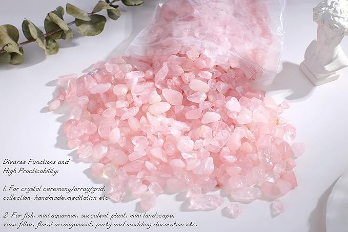 Rose Quartz Crystal Gravel Polished Chips Crushed Stones Healing Bulk Natural Tumbled Rocks Gem Home Decoration Small Pebbles for mini Aquarium Tank Plants Landscape Vase Filler Bottom Ornament 0.55lb