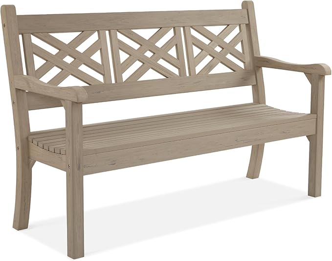Psilvam 63''W All-Weather Poly Lumber Outdoor Bench – Teak Color, 3-Person Garden Bench with Decorative Backrest & Curved Armrests, Anti-Rot & Fade-Free Patio Bench for Porch, Backyard, and Park(Grey)