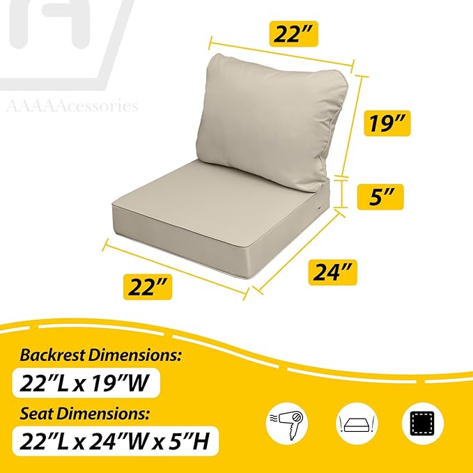 AAAAAcessories Outdoor Seat Cushions for Chairs, Fade-Resistant, Waterproof Patio Furniture Replacement Cushions, 22" x 24" x 5" + 22" x 19", Set of 4, Beige