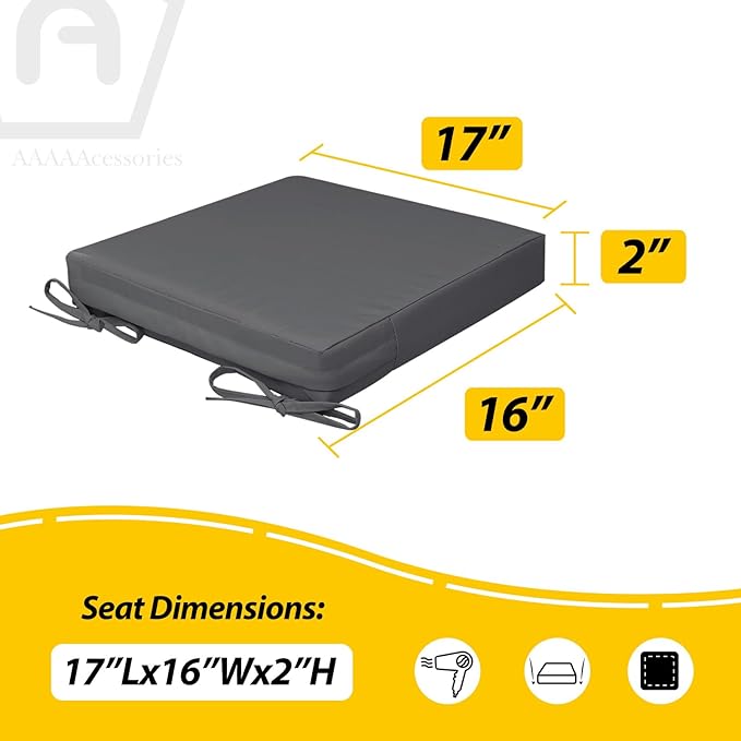 AAAAAcessories Outdoor Seat Cushions for Chairs, Waterproof, Fade-Resistant, 17" x 16" x 2", Patio Furniture Replacement Cushions, Set of 2, Dark Gray