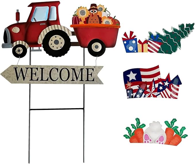 Vintage Metal Truck Yard Stake with Seasonal Sign Loads Metal Easter Welcome Sign for Outdoor Merry Christmas 4th of July Fall Harvest Spring Easter Garden Lawn Pathway Decor