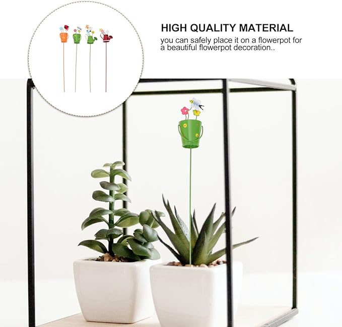 4Pcs Succulent Plant Decor Stakes with Watering Pot Design for Indoor Outdoor Garden Floral Arrangement Metal Mini Plant Stakes for Pot Decorations