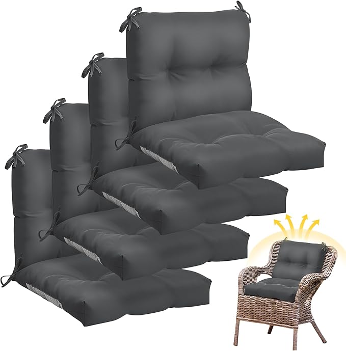 Geetery Set of 4 High Back Wicker Patio Chair Cushions for Outdoor Furniture 41.74x20.87x3.94 Inch Waterproof Thick Replacement Seat Pads with Non Slip Ties for Porch, Deck, Lawn & Garden(Dark Gray)