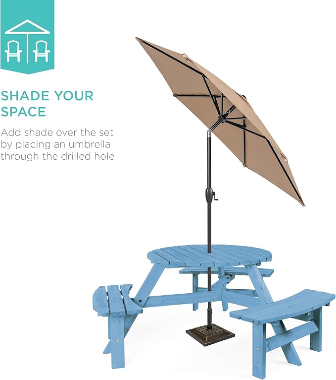 Best Choice Products 6-Person Circular Outdoor Wooden Picnic Table for Patio, Backyard, Garden, DIY w/ 3 Built-in Benches, 500lb Capacity - Seaside Breeze