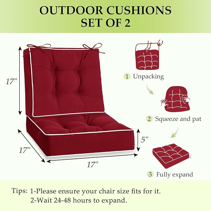 HARBOREST Outdoor Chair Cushions Set of 2, Tufted Patio Chair Cushions with Ties, Square Corner Outdoor Cushions for Patio Furniture, Lawn Chairs, Wicker Chairs, 17" x 17" x 5", Burgundy