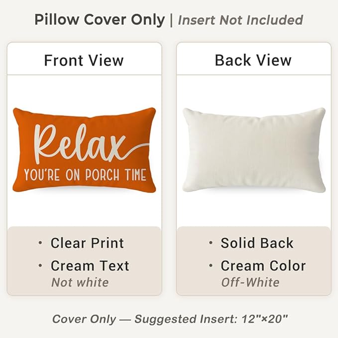 PANDICORN Decorative Throw Pillow Covers 12x20 Inch Relax Porch Time Orange Outdoor Farmhouse Spring Fall Decorations Cozy Lumbar Decorative Cushion Case for Sofa Couch Patio Front Porch Decor