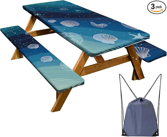 Picnic Table Cover with Bench Covers Set of 3 - Coastal Shells Ocean Beach Starfish Pattern, Elastic Fitted Tablecloth for 6 Ft Tables, Washable Polyester Cover for Patio, Indoor & Outdoor