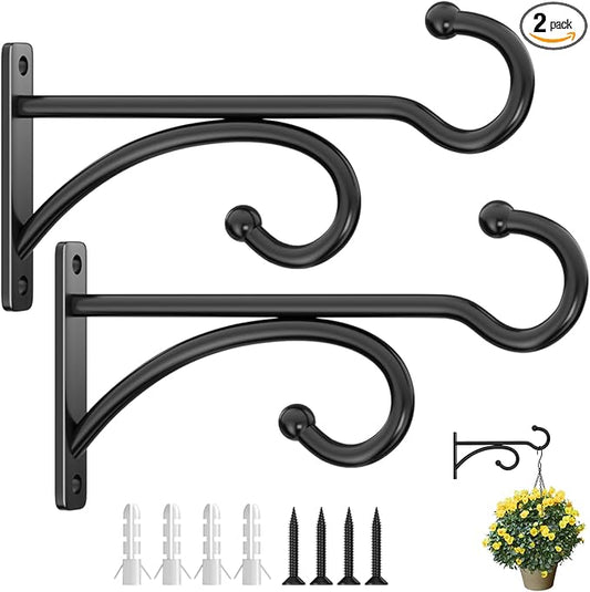6" Plant Hanger Hooks Outdoor Indoor Planter Hooks, Wall Mounts for Hanging Plants, Baskets, Wind Chimes, Bird Feeders, Lanterns, Bird Houses (Black Metal, 2-Pack)