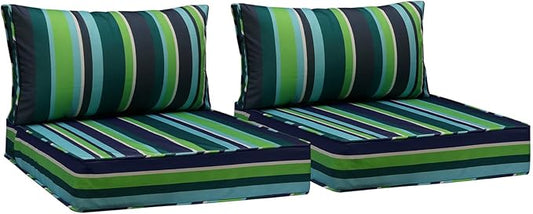 AAAAAcessories Outdoor Seat Cushions for Chairs, Fade-Resistant, Waterproof Patio Furniture Replacement Cushions, 25.5" x 25.5" x 5" + 25.5" x 13.5", Set of 2, Stormy Teal Coastal Stripe